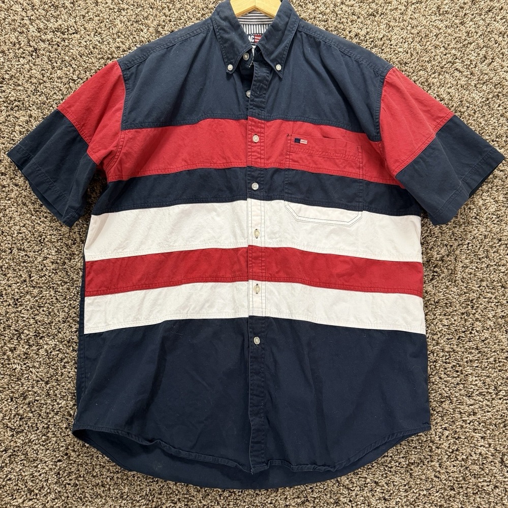 90s Colorblock Button‎ Down Shirt Men's Medium Red White Blue Americana Nautical